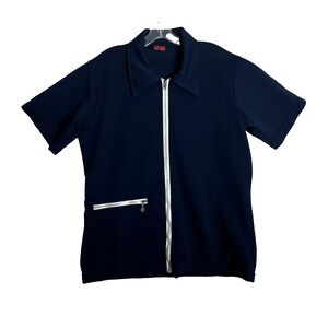 VTG Kings Road Sears Navy Zip Front Short Sleeve Shirt Large 60's Inspired